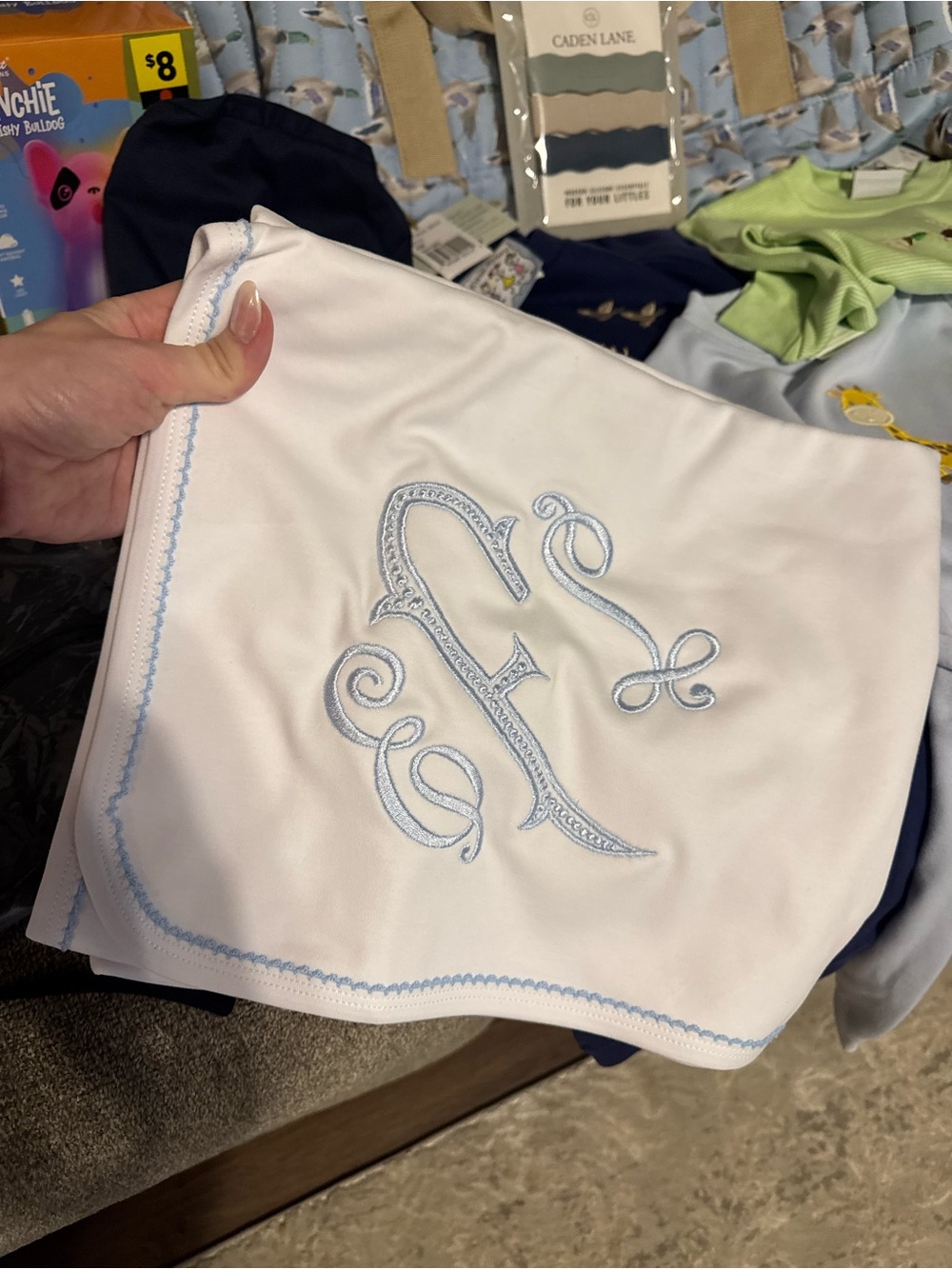 ELF Embroidered Monogram White Baby Blanket with Light Blue Stitching / Swaddle